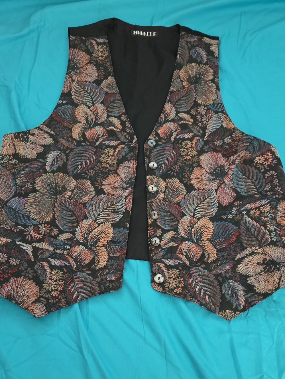 Source Unknown Black Floral Brocade Vest with Multicolor Metallic Thread